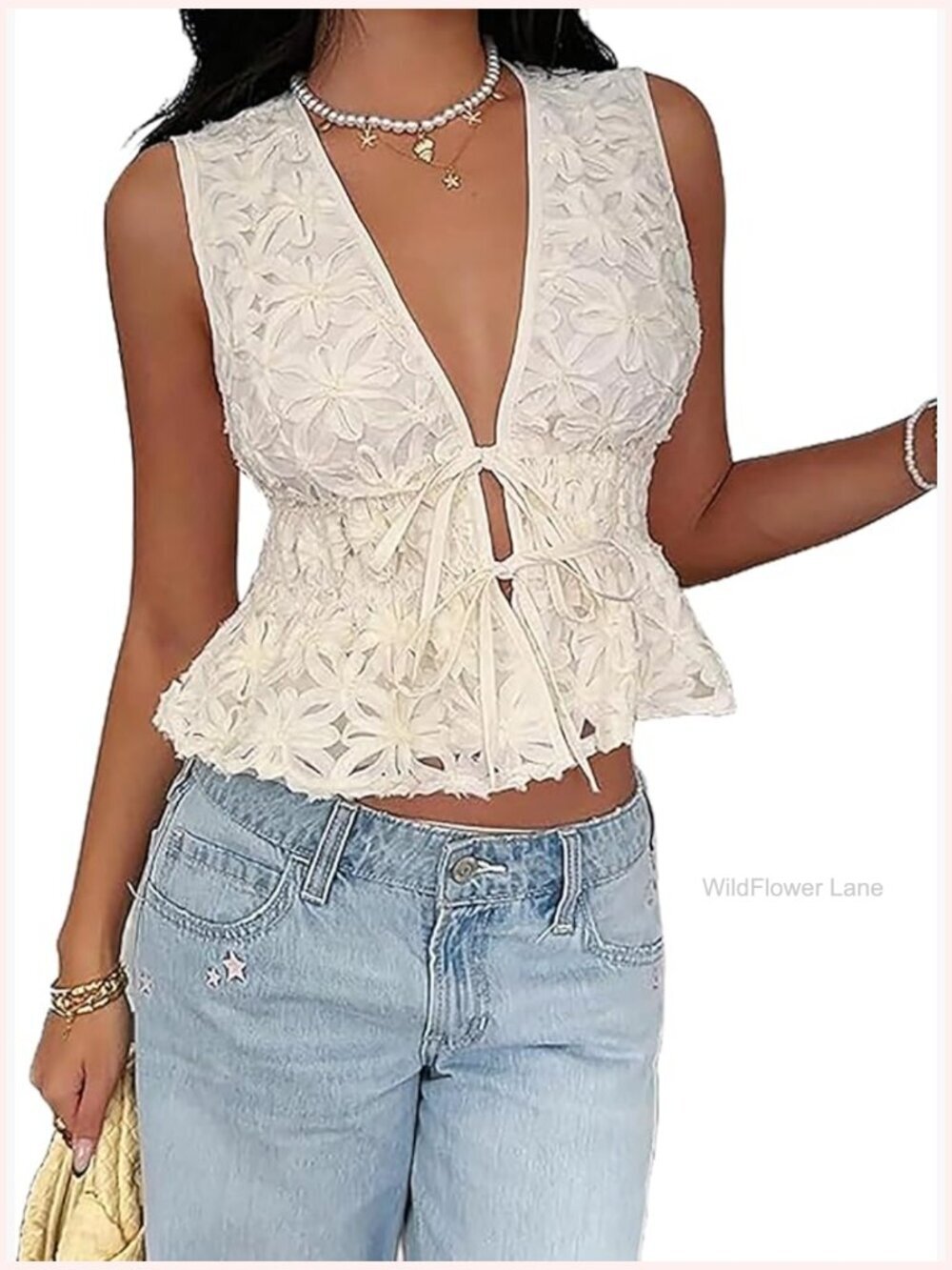 Deep V Tie Front Top Floral Appliques Sleeveless Ruffle Blouse